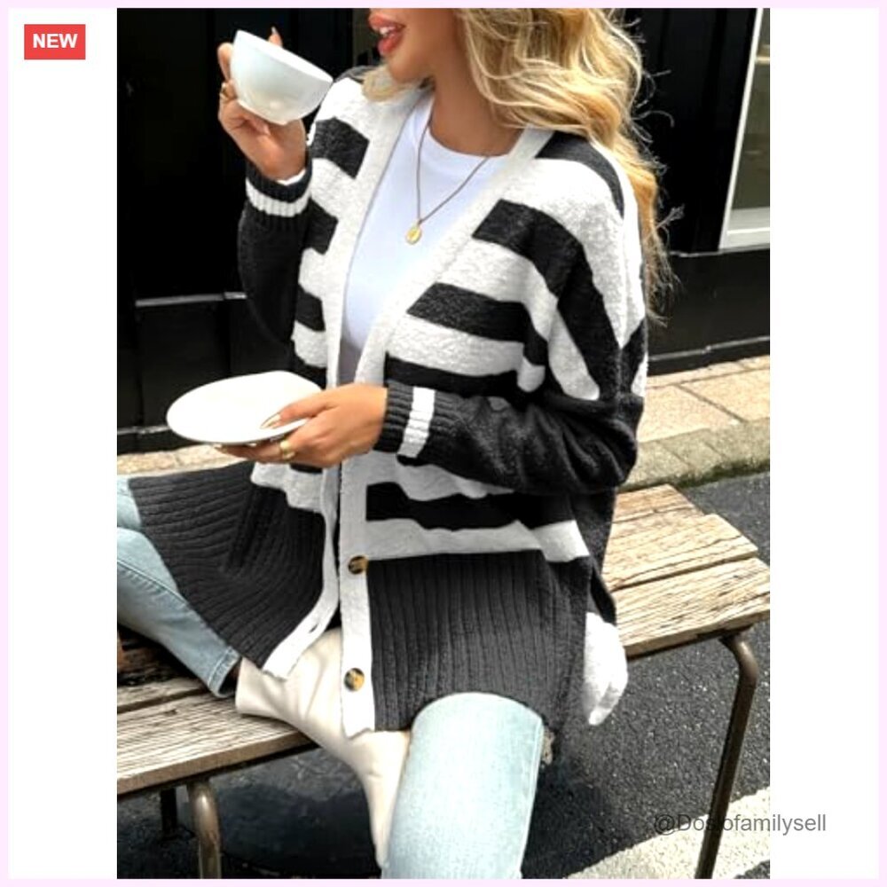 Oversized Fuzzy Knit Cardigan, V-Neck Button Up, Side Slit, Fall Winter Sweater - Picture 4 of 7